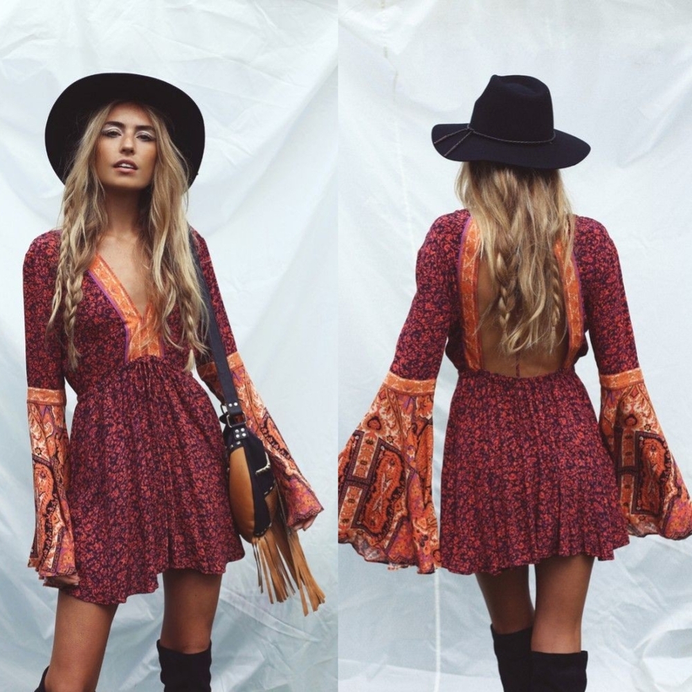 Free People Burgundy & Orange Bohemian Bell-Sleeve Romper